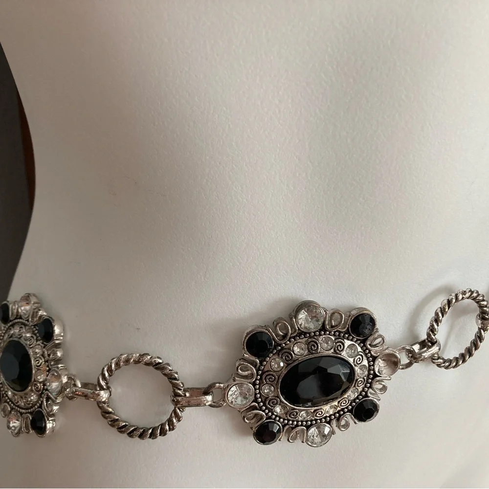 Chico Chain Silver Belt Rhinestones Black Stone 50”